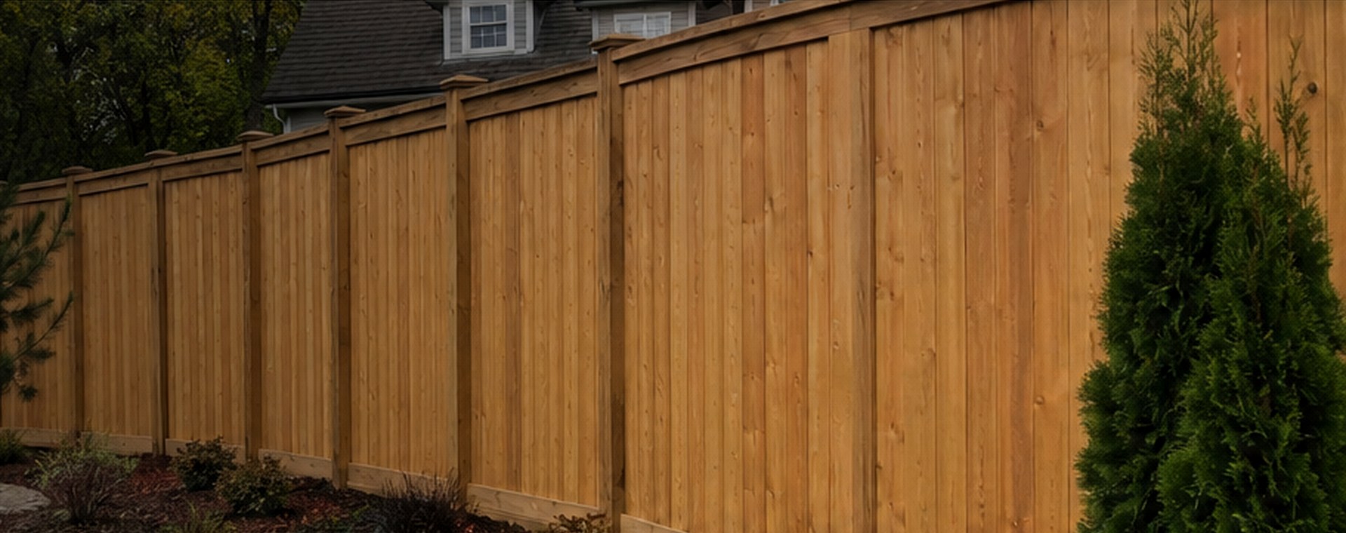 Cedar privacy fence installed beside a landscaped Springfield home